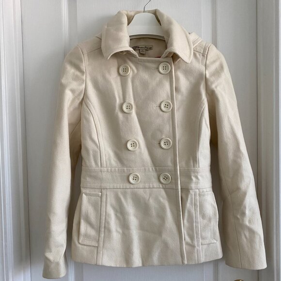 Ivory Double-Breasted Pea Coat with Flattering Shape and Removable Hood - Size S - Picture 9 of 9